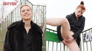 Wild chick Sarah's solo shows on a city skysc***r view, finger-fucked and cumming hard