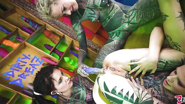 Tattooed beauties seduce punk girl with wild anal👌 creampie