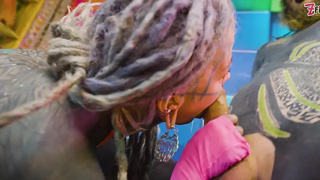 Heavily tattooed, slimy blonde gives sloppy blowjob then ass-to-mouth